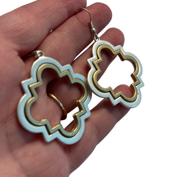 Pierced earrings brushed nickel & goldtone drop dangle fashion statement jewelry - Picture 6 of 8